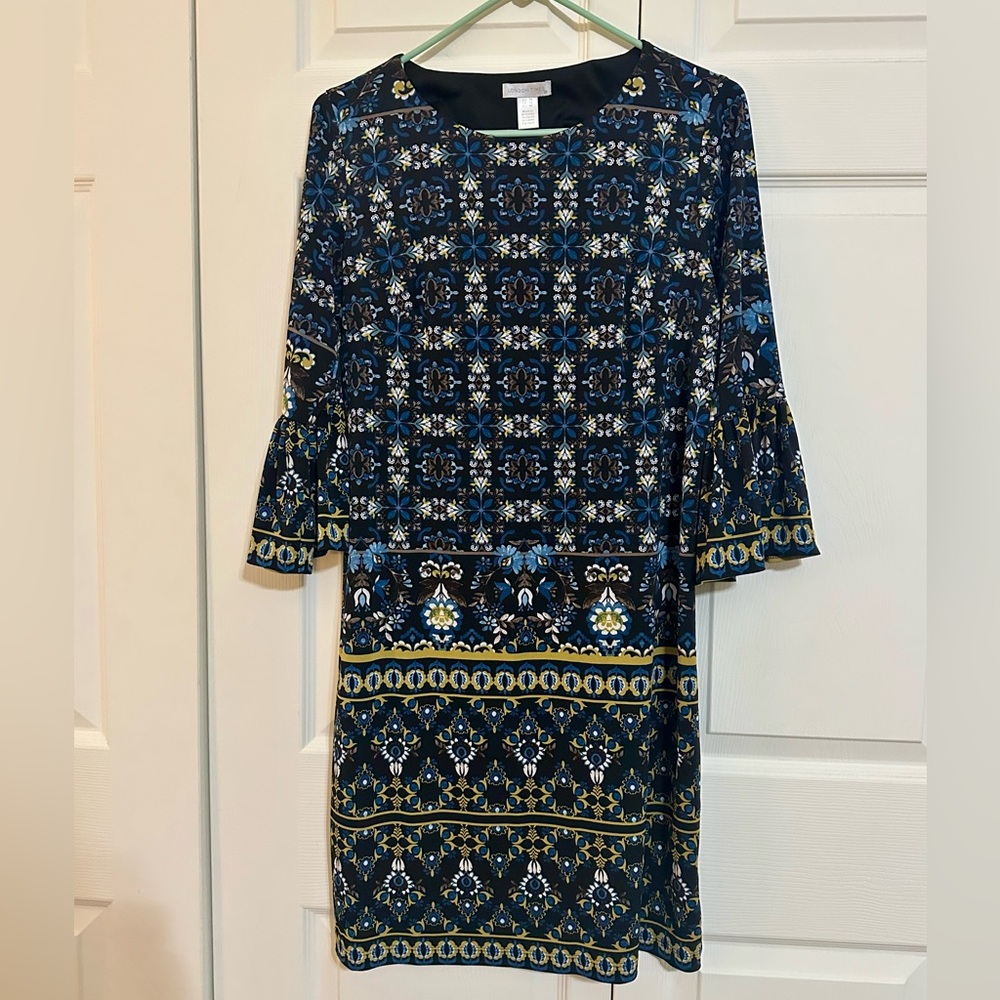 London Times Navy and Gold Geometric Dress